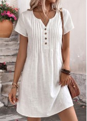 Tuck Stitch White Short Split Neck Dress