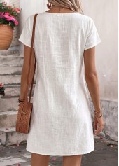 Tuck Stitch White Short Split Neck Dress