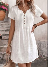 Tuck Stitch White Short Split Neck Dress