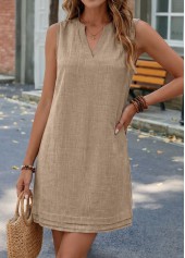 Shirred Gray Brown Short Sleeveless Split Neck Dress