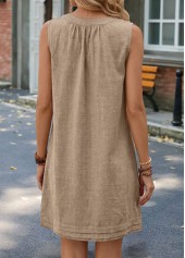 Shirred Gray Brown Short Sleeveless Split Neck Dress