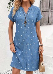 Leaf Print Tummy Coverage Denim Blue Short Sleeve Dress