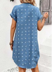 Leaf Print Tummy Coverage Denim Blue Short Sleeve Dress