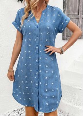 Leaf Print Tummy Coverage Denim Blue Short Sleeve Dress