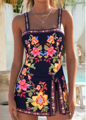 Floral Print Layered Navy One Piece Swimdress