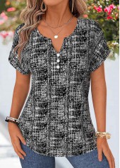 Geometric Print Tummy Coverage Black Short Sleeve Blouse