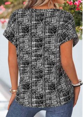 Geometric Print Tummy Coverage Black Short Sleeve Blouse