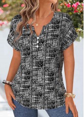 Geometric Print Tummy Coverage Black Short Sleeve Blouse