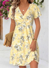 Floral Print Twist Light Yellow Short V Neck Dress