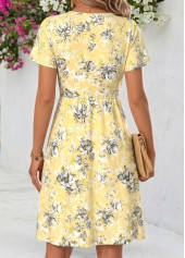 Floral Print Twist Light Yellow Short V Neck Dress