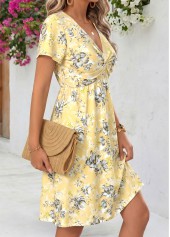 Floral Print Twist Light Yellow Short V Neck Dress