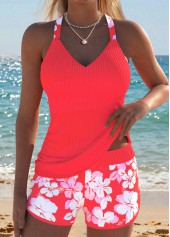 Mid Waisted Floral Print Two-piece Orange Tankini Set