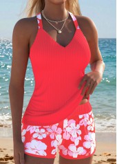 Mid Waisted Floral Print Two-piece Orange Tankini Set