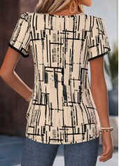 Geometric Print Button Light Camel Short Sleeve Blouse