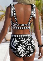 Mid Waisted Leaf Print Black Bikini Set