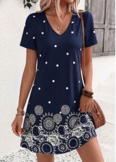 Polka Dot Tummy Coverage Navy Short V Neck Dress