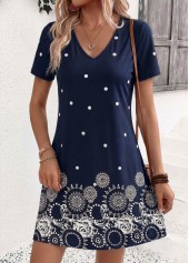 Polka Dot Tummy Coverage Navy Short V Neck Dress