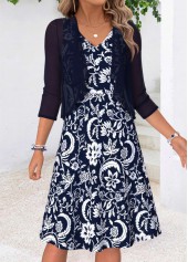 Tribal Print Two-piece Navy Short Sleeve Dress and Cardigan