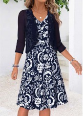 Tribal Print Two-piece Navy Short Sleeve Dress and Cardigan