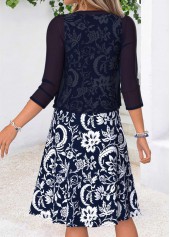 Tribal Print Two-piece Navy Short Sleeve Dress and Cardigan