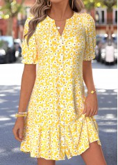Floral Print Shirred Yellow Short Half Sleeve Dress