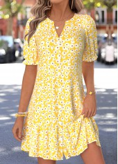 Floral Print Shirred Yellow Short Half Sleeve Dress