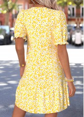 Floral Print Shirred Yellow Short Half Sleeve Dress