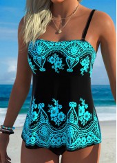 Floral Print Tummy Coverage Cyan Tankini Top-No Bottom