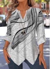 Geometric Print Patchwork Light Grey Marl 3/4 Sleeve Blouse