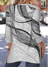 Geometric Print Patchwork Light Grey Marl 3/4 Sleeve Blouse