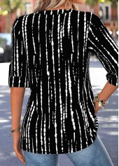 Geometric Print Curved Hem Black 3/4 Sleeve Blouse