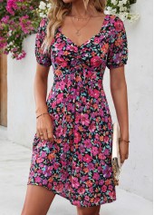 Floral Print Shirred Multi Color Short Heart Collar Dress