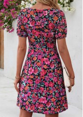 Floral Print Shirred Multi Color Short Heart Collar Dress
