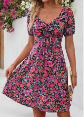 Floral Print Shirred Multi Color Short Heart Collar Dress