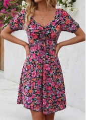 Floral Print Shirred Multi Color Short Heart Collar Dress