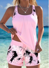 Mid Waisted Feathers Print Patchwork Light Pink Tankini Set