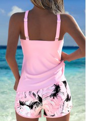 Mid Waisted Feathers Print Patchwork Light Pink Tankini Set