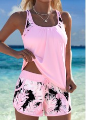 Mid Waisted Feathers Print Patchwork Light Pink Tankini Set