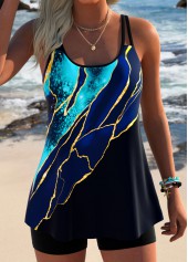 Marble Print Tummy Coverage Blue Tankini Top-No Bottom