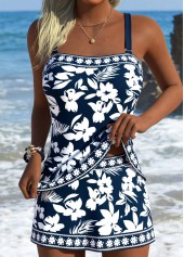 Mid Waisted Floral Print Tummy Coverage Navy Tankini Set