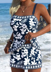 Mid Waisted Floral Print Tummy Coverage Navy Tankini Set