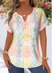 Geometric Print Tummy Coverage Multi Color Short Sleeve Blouse