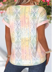 Geometric Print Tummy Coverage Multi Color Short Sleeve Blouse