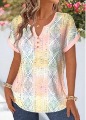 Geometric Print Tummy Coverage Multi Color Short Sleeve Blouse