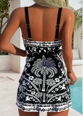 Mid Waisted Tropical Plants Print Black Tankini Set
