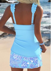 Mid Waisted Paisley Print Frill Light Blue Tankini Set