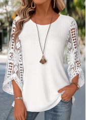 Patchwork White 3/4 Sleeve Round Neck Blouse