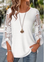 Patchwork White 3/4 Sleeve Round Neck Blouse