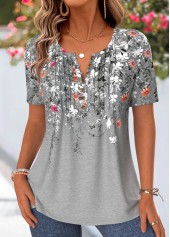 Floral Print Tuck Stitch Grey Short Sleeve T Shirt