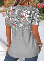 Floral Print Tuck Stitch Grey Short Sleeve T Shirt